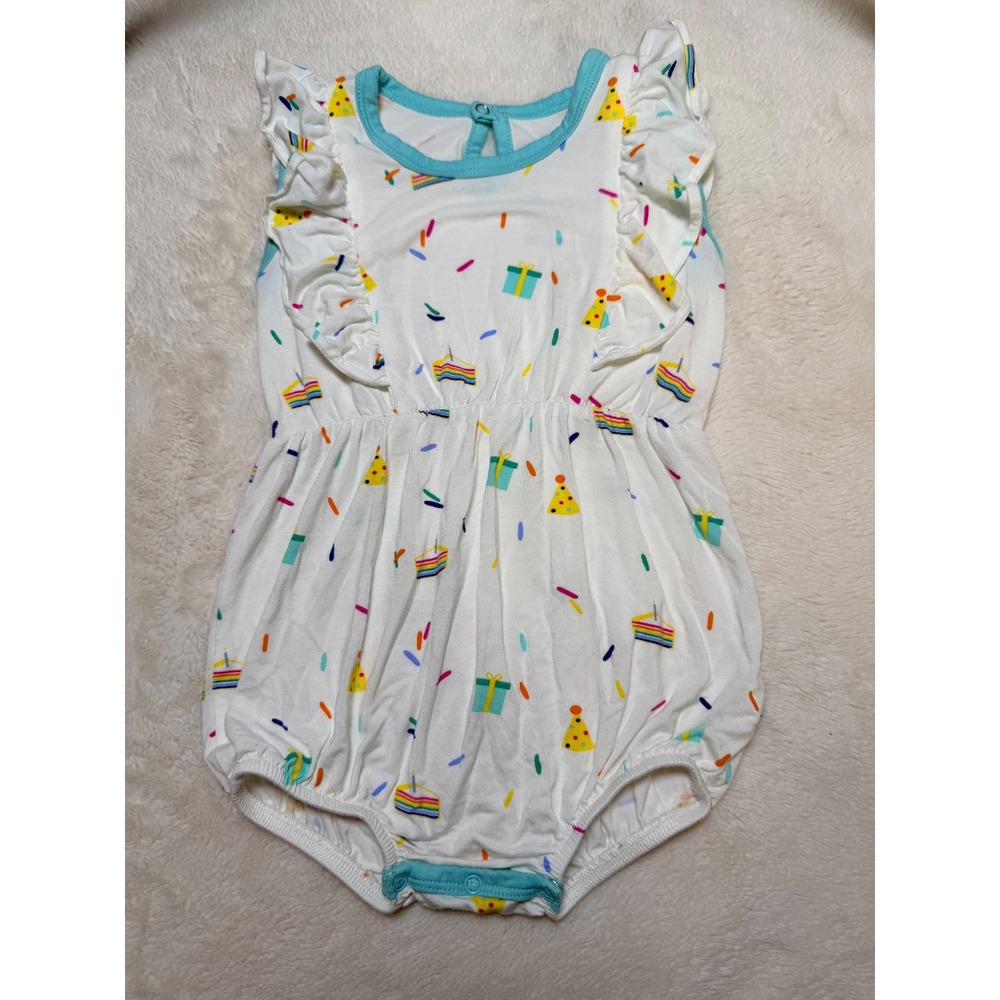 Kyte Baby Romper Toddler 12-18 Months Cloud Party Birthday Cake Ruffle Bamboo